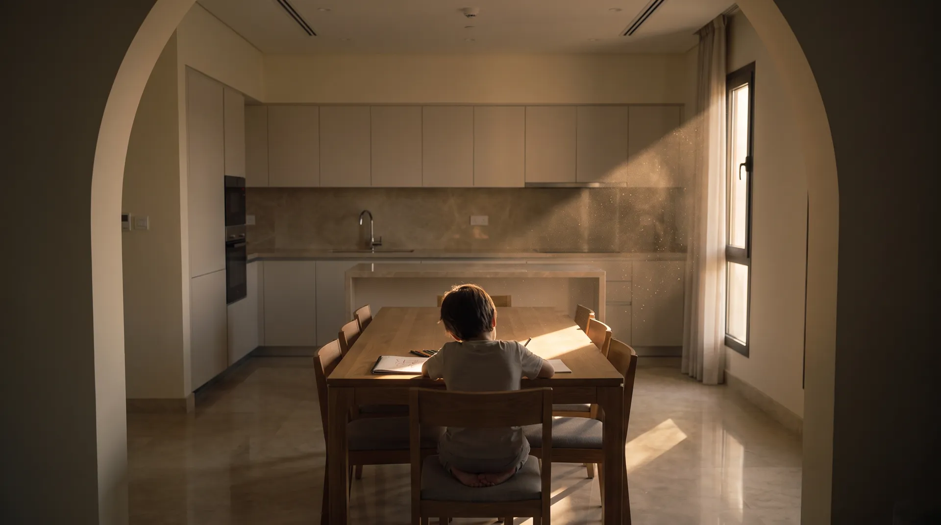 A child drawing at the kitchen table with dust visible in a beam of sunlight